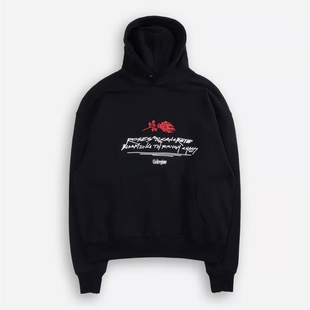 Black Graphic Hoodie with Red Accents